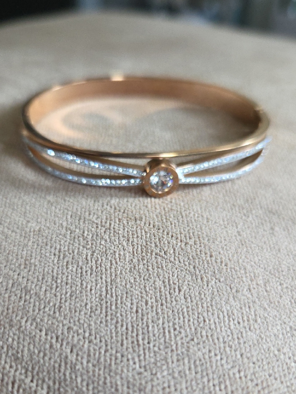 Rose Gold Tone Stainless Steel Double-Band Ring with Center Cubic Zirconia